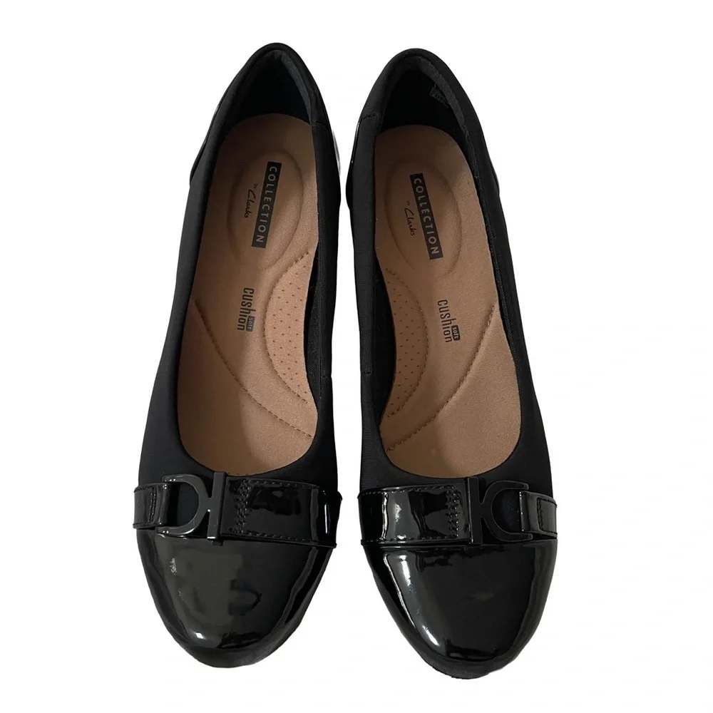 Clarks Black Wedge Pump with Patent Accent
